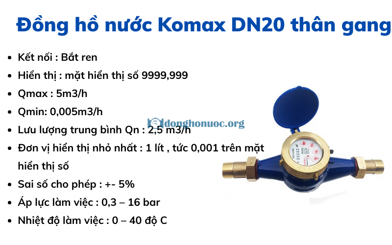 Đồng hồ nước Komax DN20 thân gang