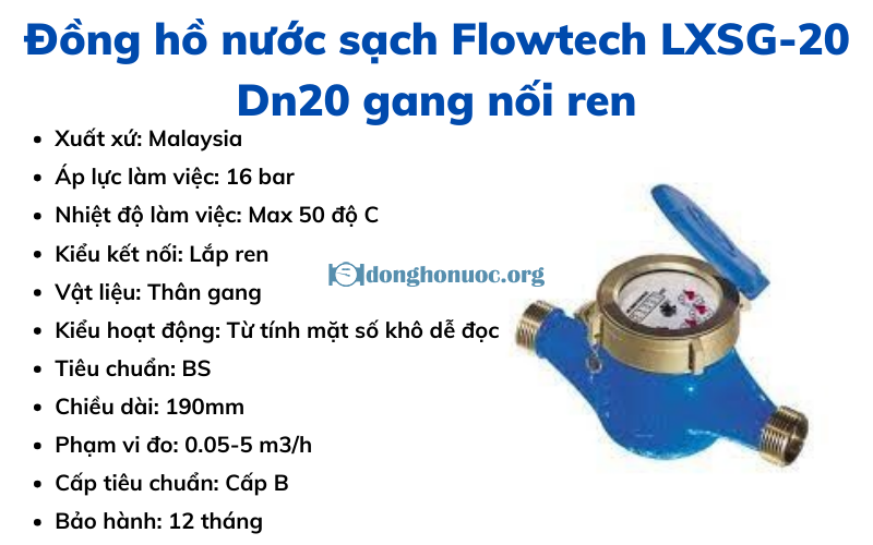 Đồng hồ nước sạch Flowtech LXSG-20 Dn20 gang nối ren