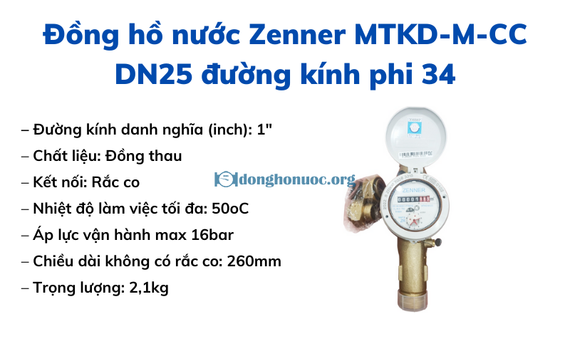 Đồng hồ nước Zenner MTKD-M-CC DN25 đường kính phi 34