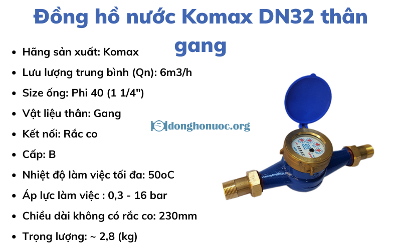 Đồng hồ nước Komax DN32 thân gang