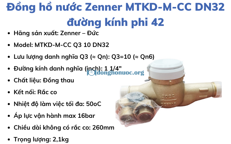 Đồng hồ nước Zenner MTKD-M-CC DN32 đường kính phi 42